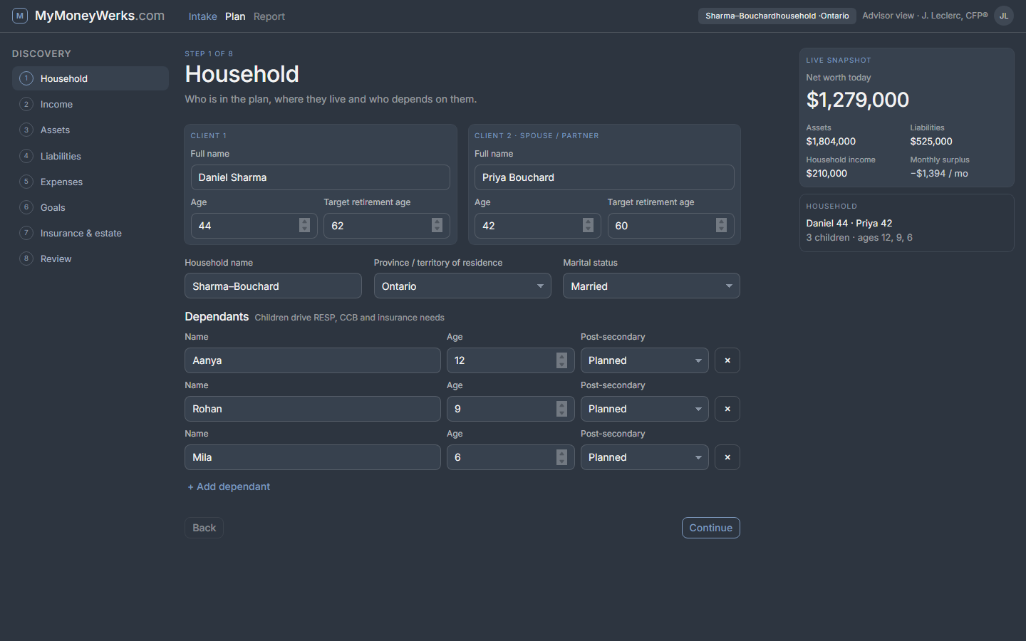 Design mockup of the guided intake: step 1 of 8, Household, with client and spouse details, dependants, and a live net-worth snapshot in the sidebar